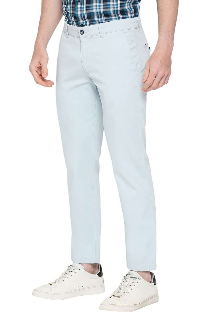 BASICS TAPERED FIT BLUE FOG COTTON STRETCH DOBBY TROUSERS
