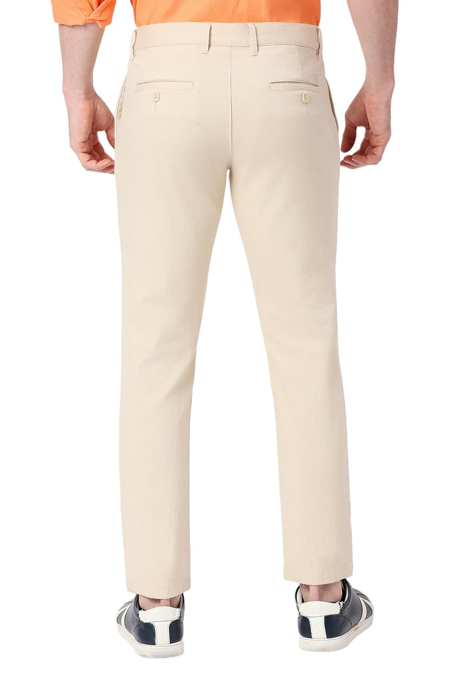 BASICS TAPERED FIT SAFARI BEIGE COTTON STRETCH DOBBY TROUSERS