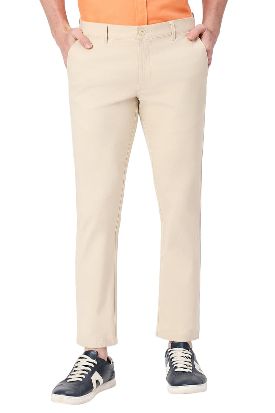 BASICS TAPERED FIT SAFARI BEIGE COTTON STRETCH DOBBY TROUSERS