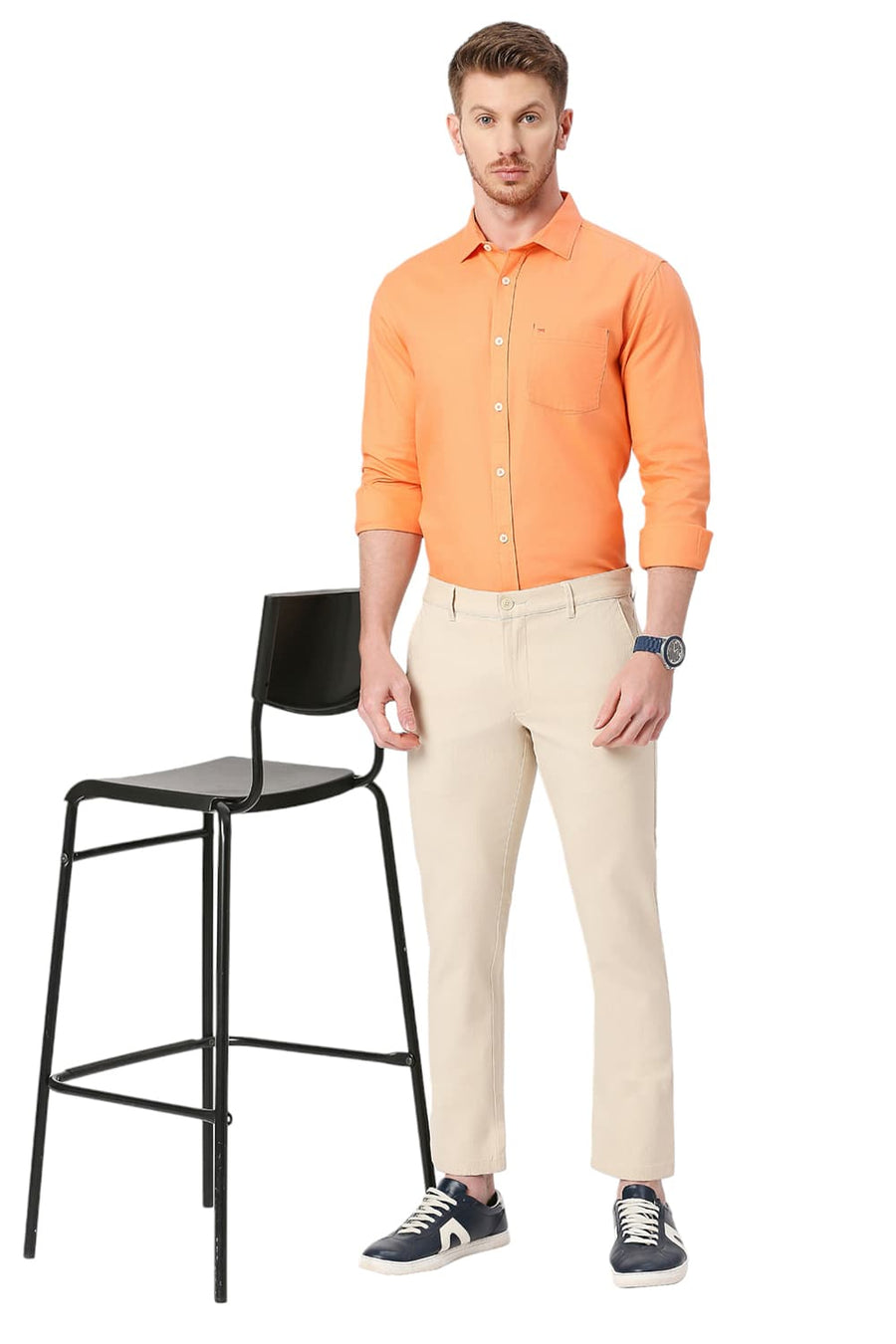 BASICS TAPERED FIT SAFARI BEIGE COTTON STRETCH DOBBY TROUSERS
