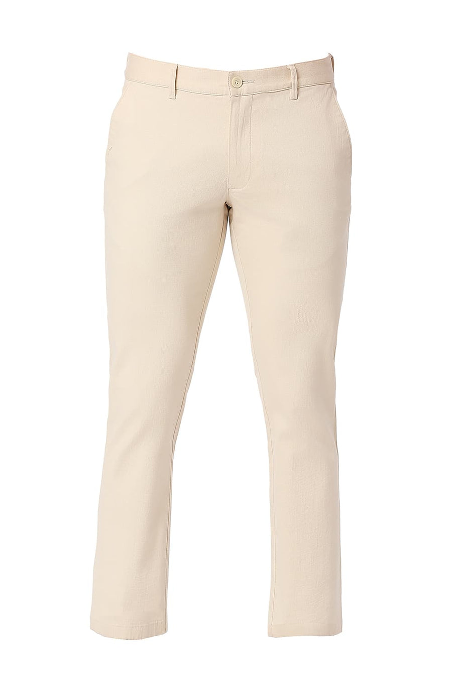 BASICS TAPERED FIT SAFARI BEIGE COTTON STRETCH DOBBY TROUSERS