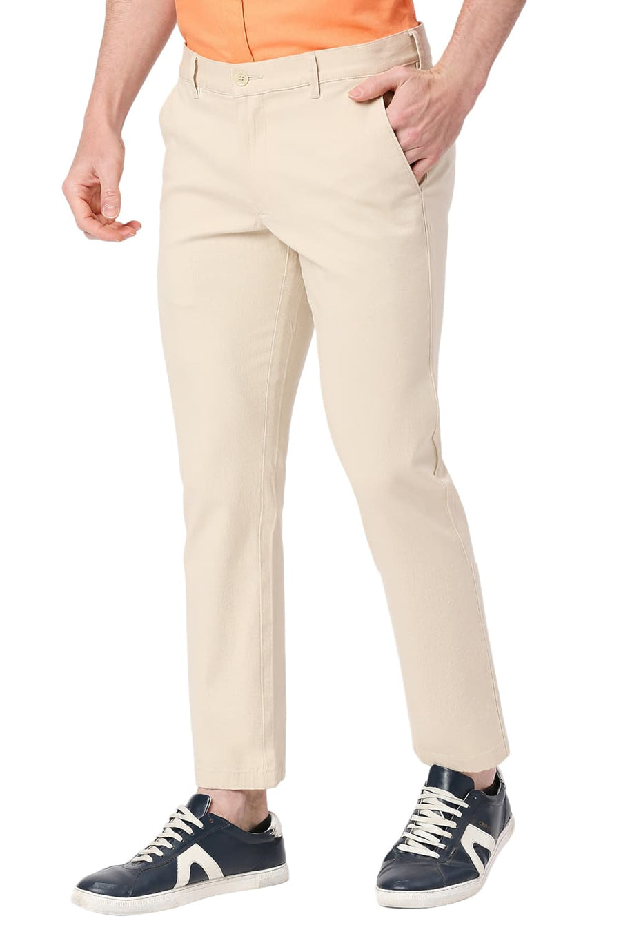 BASICS TAPERED FIT SAFARI BEIGE COTTON STRETCH DOBBY TROUSERS