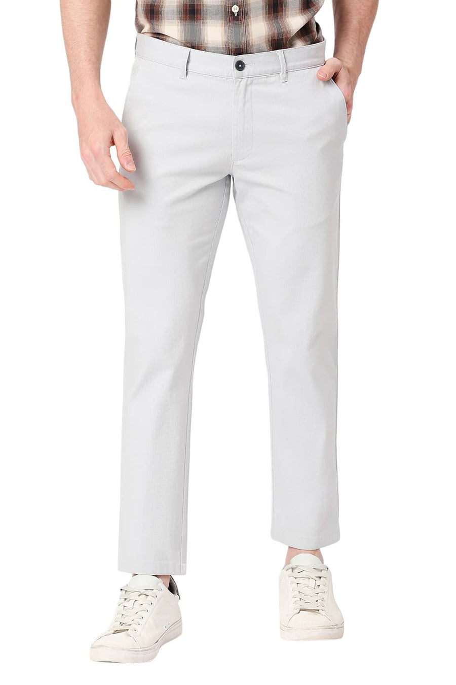BASICS TAPERED FIT PEARL BLUE COTTON STRETCH DOBBY TROUSERS