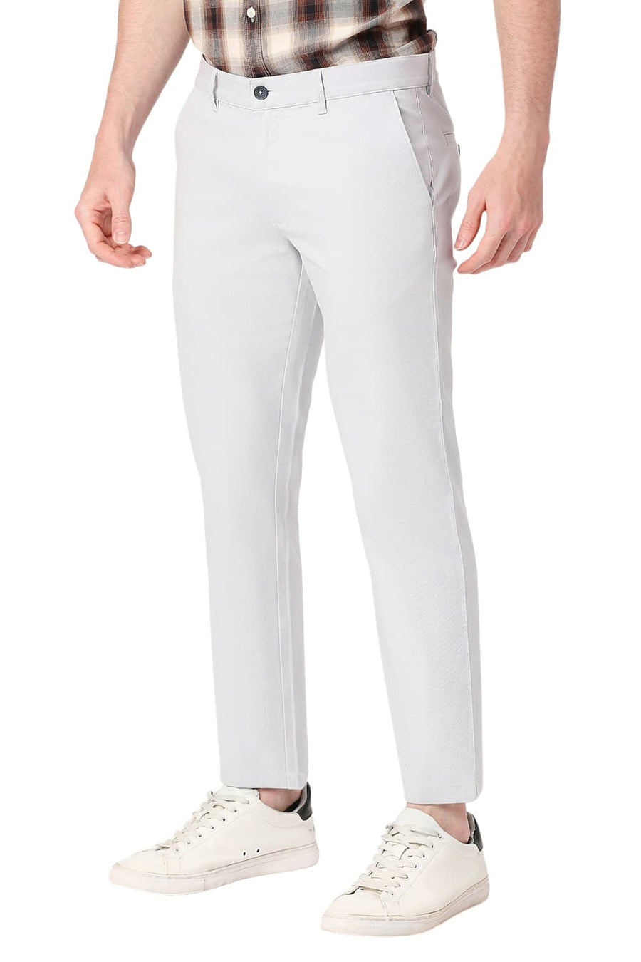 BASICS TAPERED FIT PEARL BLUE COTTON STRETCH DOBBY TROUSERS