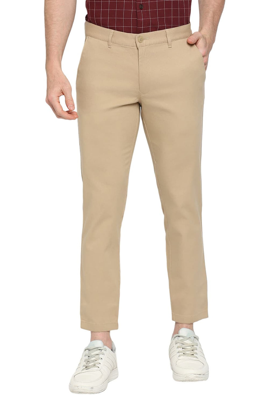 BASICS TAPERED FIT NOUGAT KHAKI COTTON STRETCH DOBBY TROUSERS