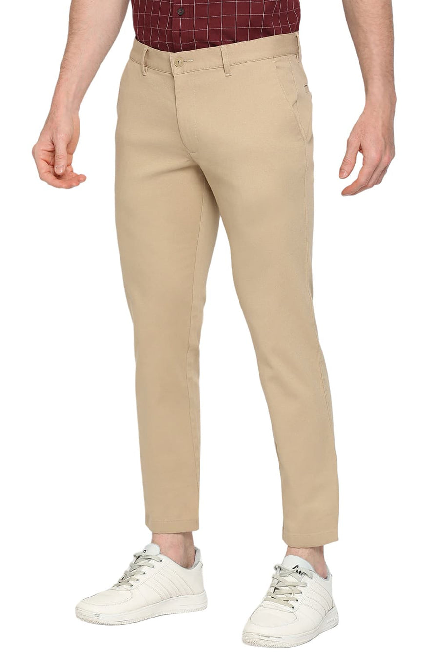 BASICS TAPERED FIT NOUGAT KHAKI COTTON STRETCH DOBBY TROUSERS