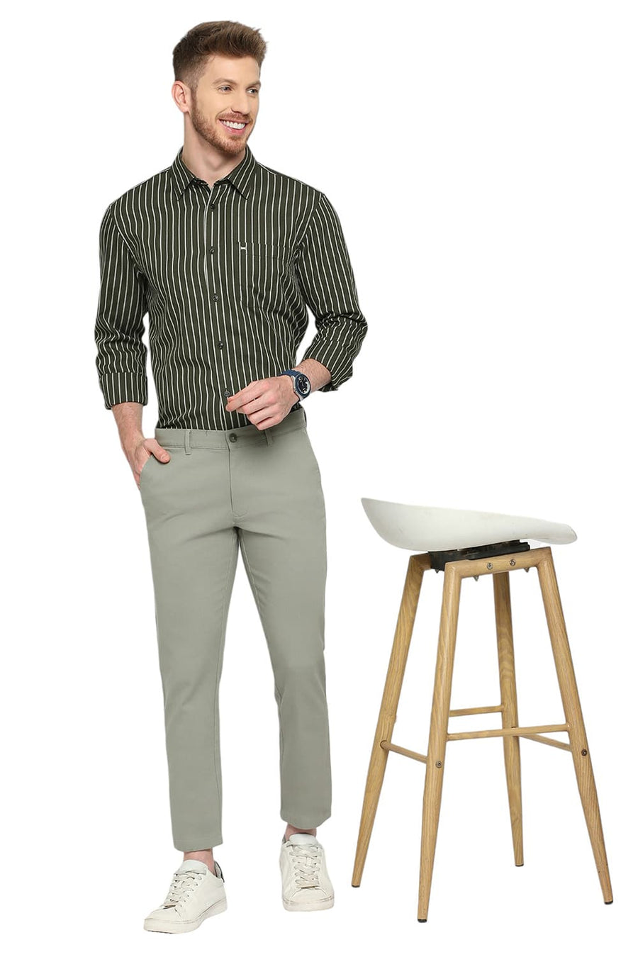 BASICS TAPERED FIT GREEN BAY COTTON STRETCH DOBBY TROUSERS