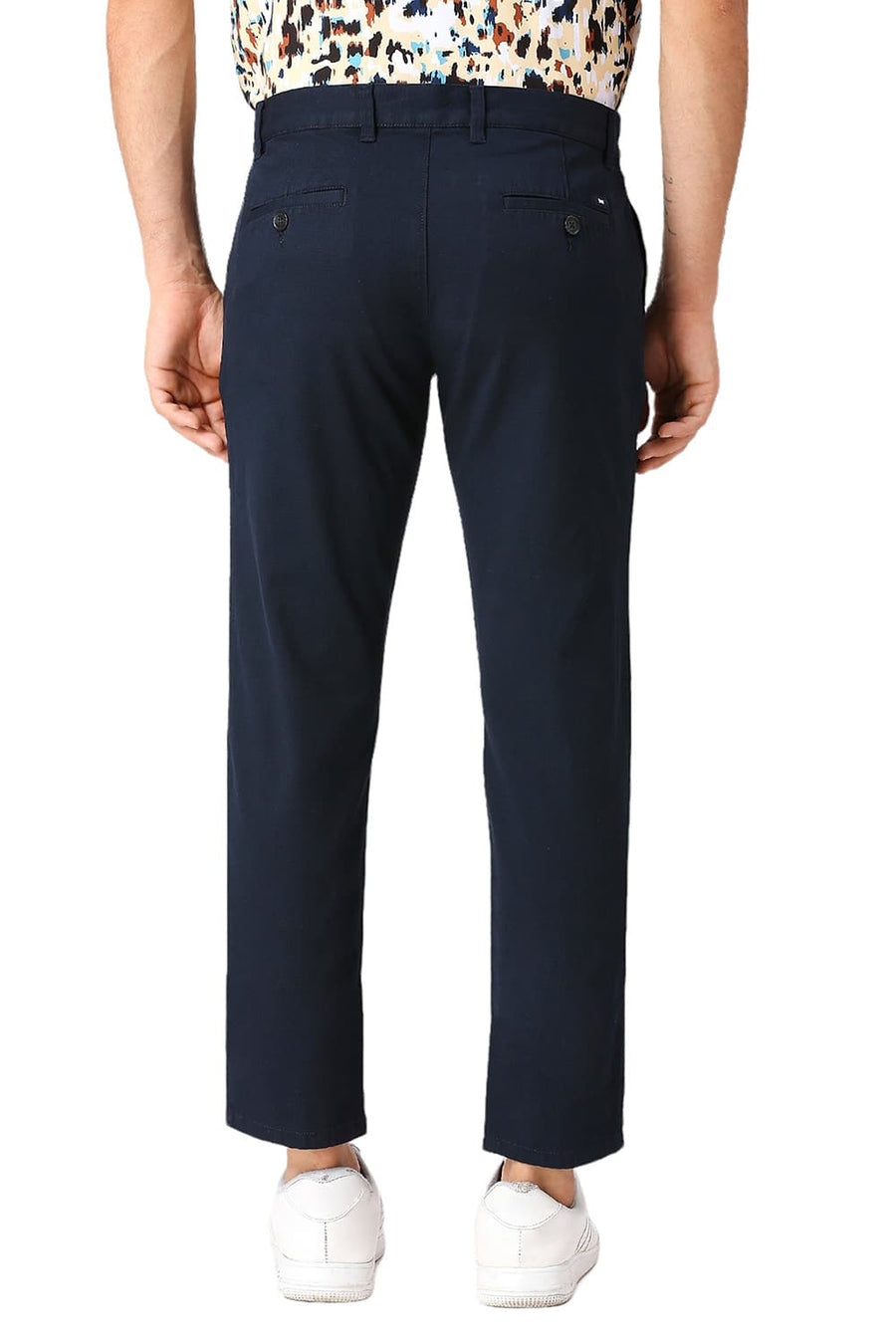 BASICS TAPERED FIT DIPPER NAVY COTTON STRETCH DOBBY TROUSERS