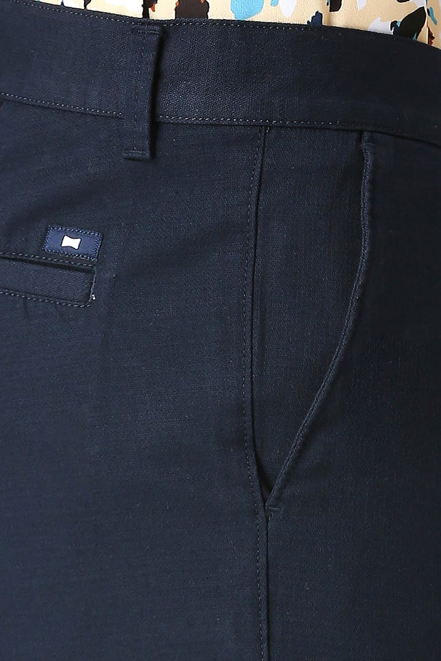 BASICS TAPERED FIT DIPPER NAVY COTTON STRETCH DOBBY TROUSERS