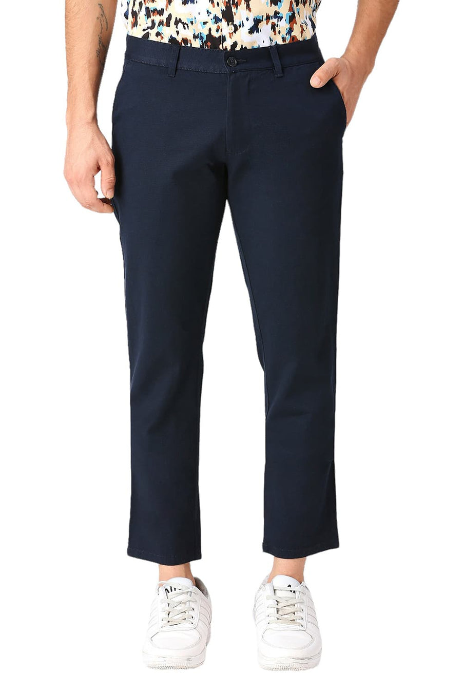 BASICS TAPERED FIT DIPPER NAVY COTTON STRETCH DOBBY TROUSERS