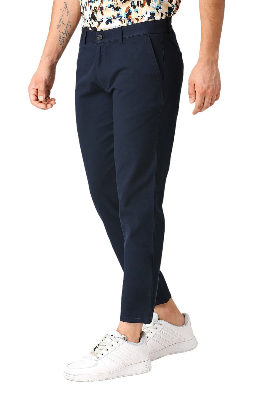 BASICS TAPERED FIT DIPPER NAVY COTTON STRETCH DOBBY TROUSERS