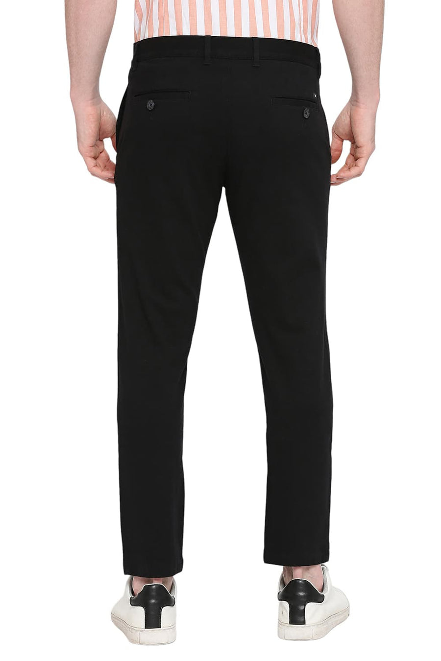 BASICS TAPERED FIT CAVIAR BLACK COTTON STRETCH DOBBY TROUSERS