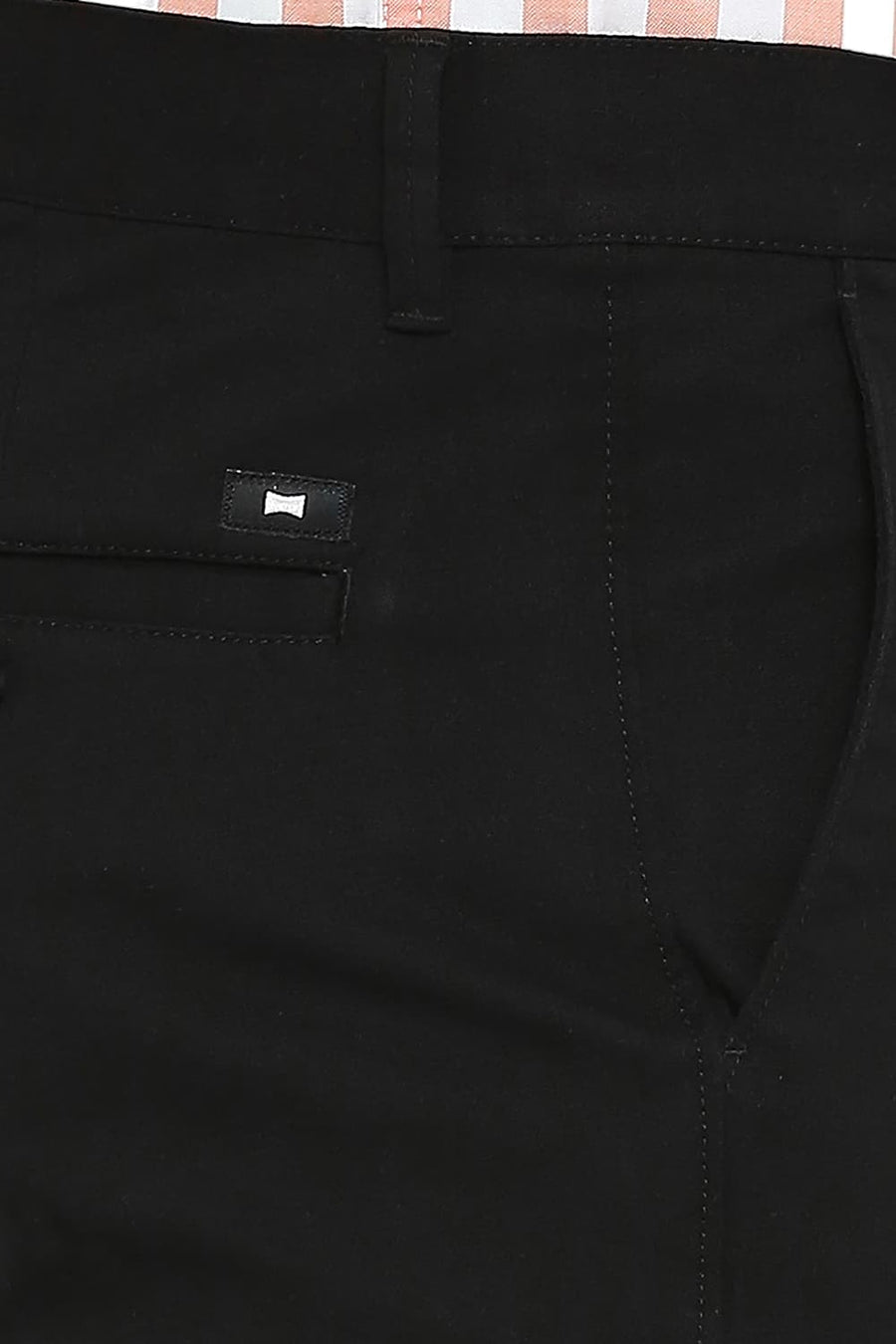BASICS TAPERED FIT CAVIAR BLACK COTTON STRETCH DOBBY TROUSERS
