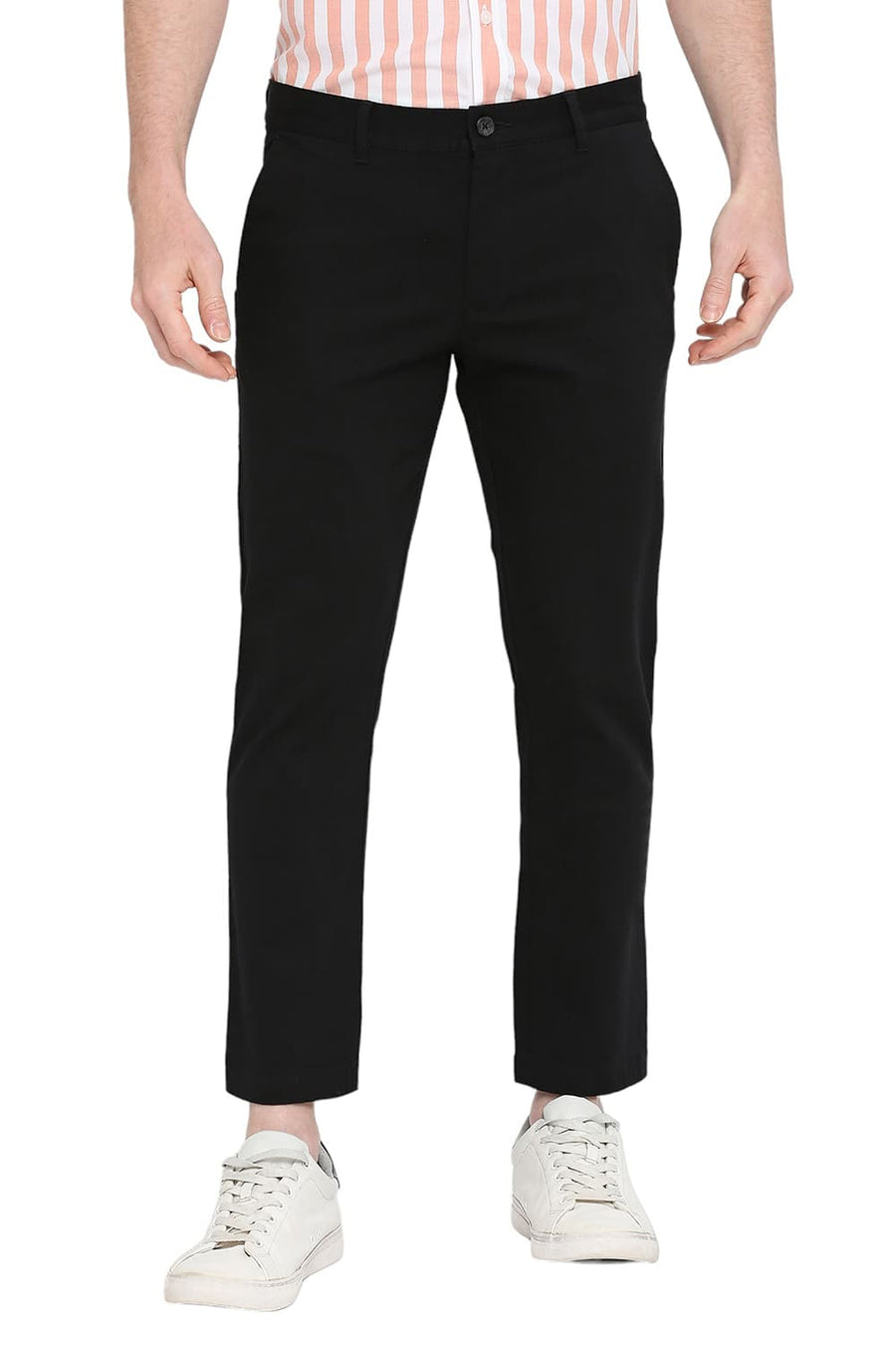 BASICS TAPERED FIT CAVIAR BLACK COTTON STRETCH DOBBY TROUSERS