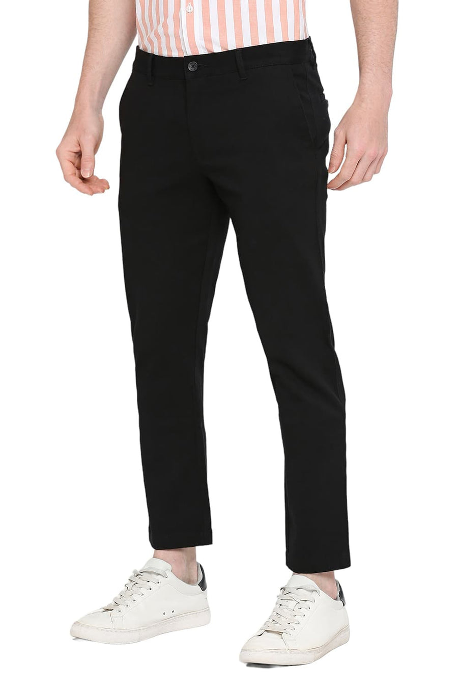BASICS TAPERED FIT CAVIAR BLACK COTTON STRETCH DOBBY TROUSERS