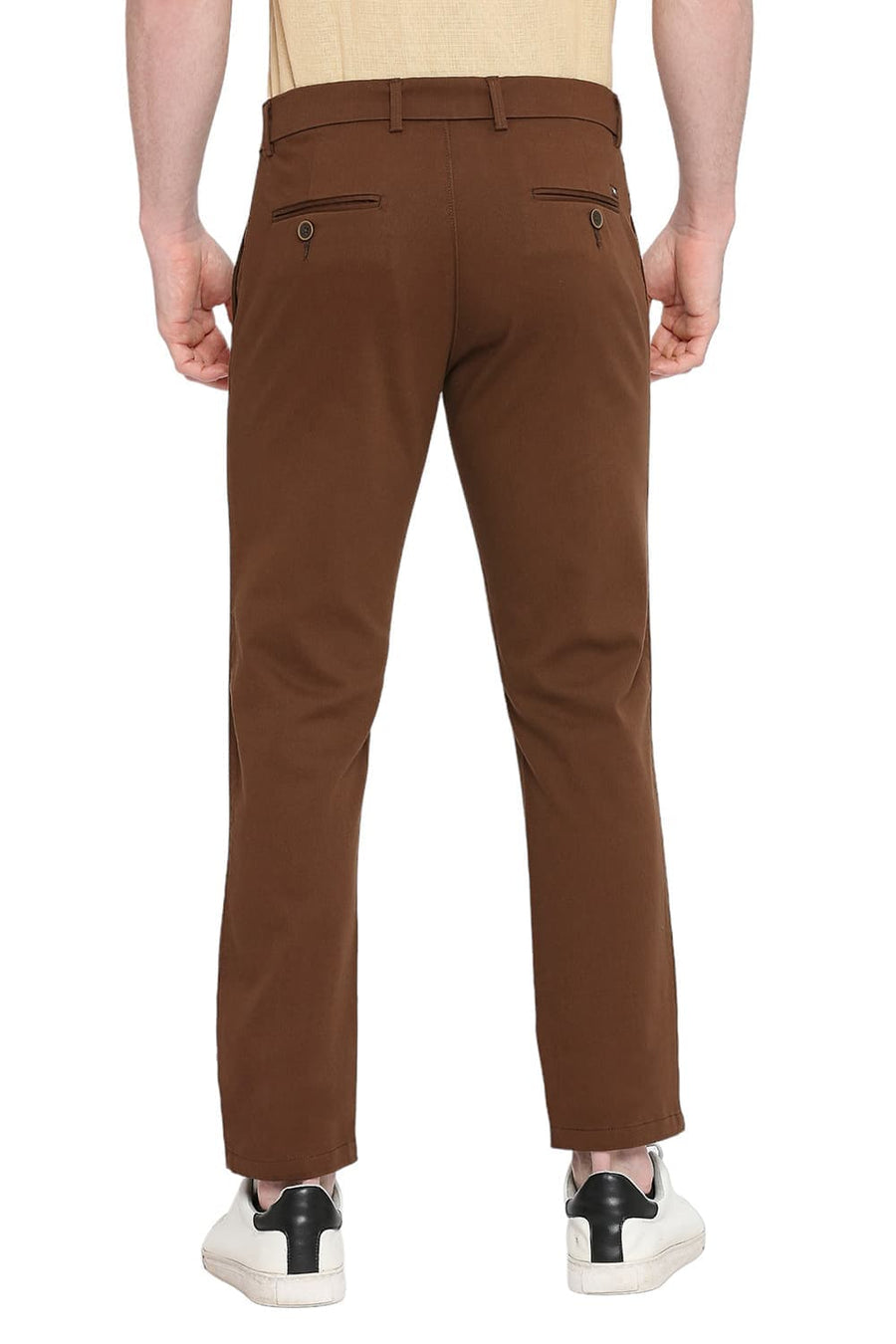 BASICS TAPERED FIT TIRAMISU BROWN COTTON STRETCH DOBBY TROUSERS