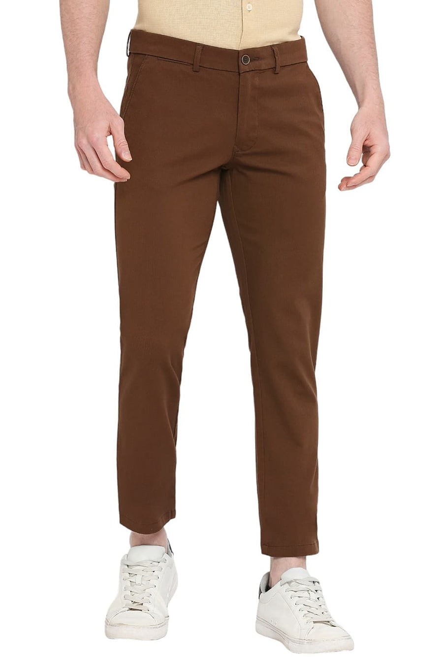 BASICS TAPERED FIT TIRAMISU BROWN COTTON STRETCH DOBBY TROUSERS