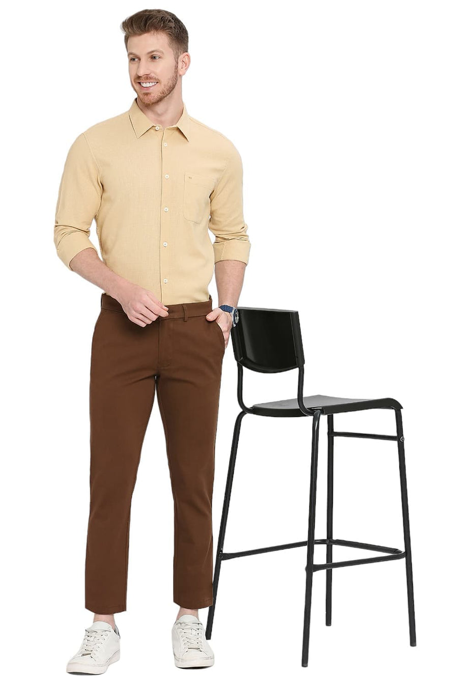 BASICS TAPERED FIT TIRAMISU BROWN COTTON STRETCH DOBBY TROUSERS