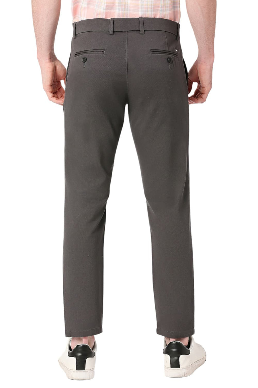 BASICS TAPERED FIT ASPHALT GREY COTTON STRETCH DOBBY TROUSERS