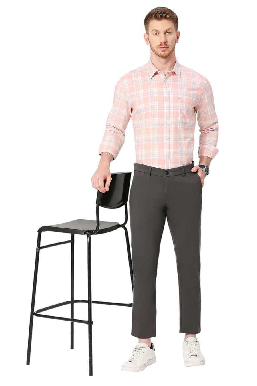 BASICS TAPERED FIT ASPHALT GREY COTTON STRETCH DOBBY TROUSERS