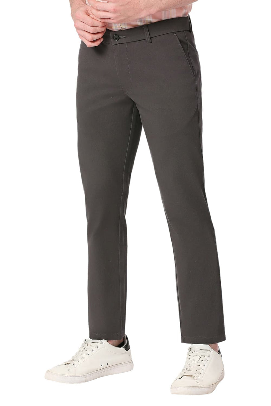 BASICS TAPERED FIT ASPHALT GREY COTTON STRETCH DOBBY TROUSERS
