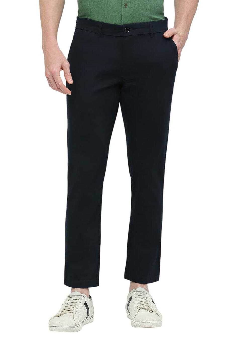 BASICS TAPERED FIT SKY CAPTAIN NAVY COTTON STRETCH DOBBY TROUSERS