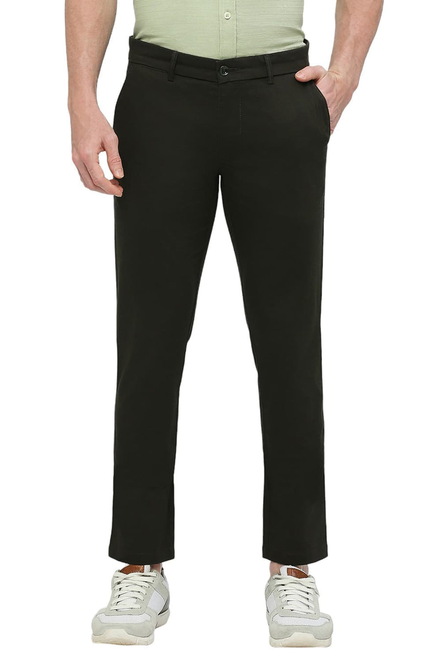 BASICS TAPERED FIT ROSIN GREEN COTTON STRETCH DOBBY TROUSERS