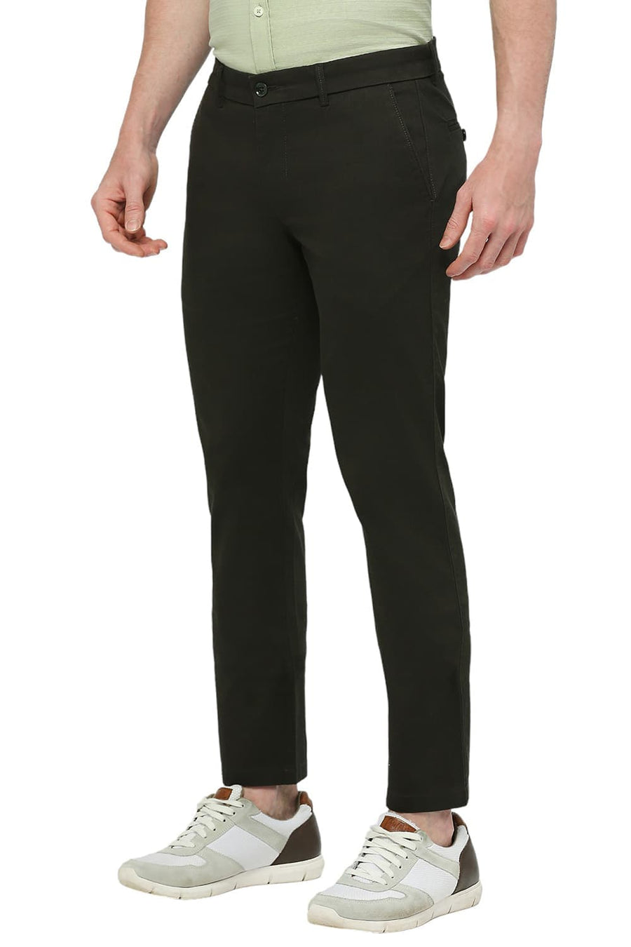 BASICS TAPERED FIT ROSIN GREEN COTTON STRETCH DOBBY TROUSERS