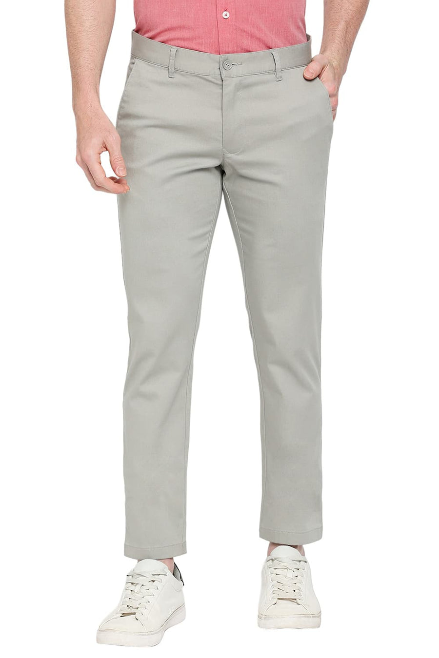 BASICS TAPERED FIT DRIZZLE GREY COTTON STRETCH DOBBY TROUSERS