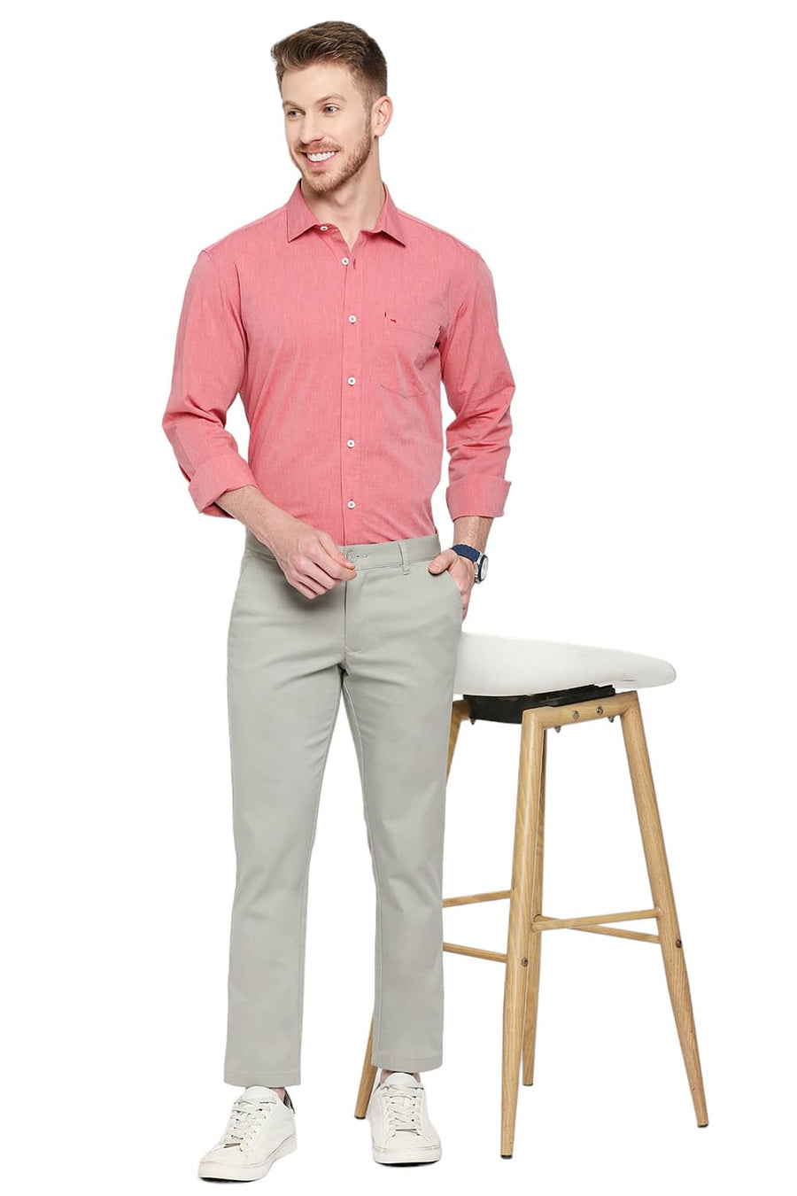 BASICS TAPERED FIT DRIZZLE GREY COTTON STRETCH DOBBY TROUSERS