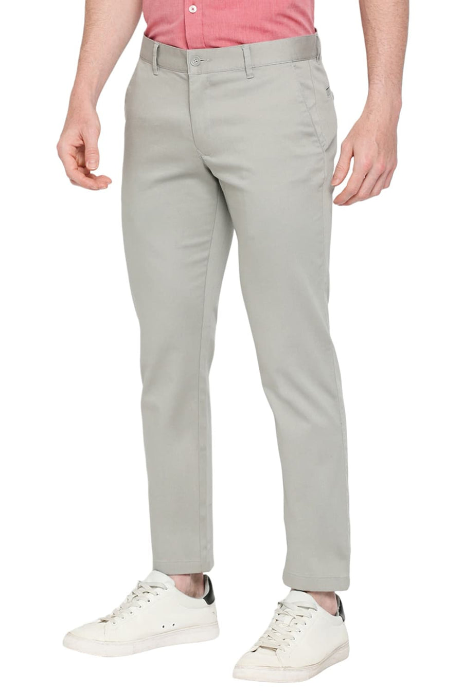 BASICS TAPERED FIT DRIZZLE GREY COTTON STRETCH DOBBY TROUSERS