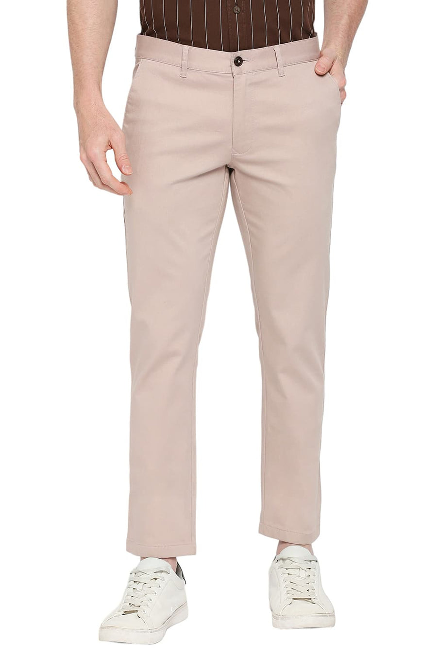 BASICS TAPERED FIT CAMEO PINK COTTON STRETCH DOBBY TROUSERS