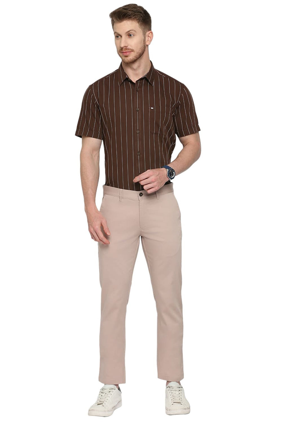 BASICS TAPERED FIT CAMEO PINK COTTON STRETCH DOBBY TROUSERS