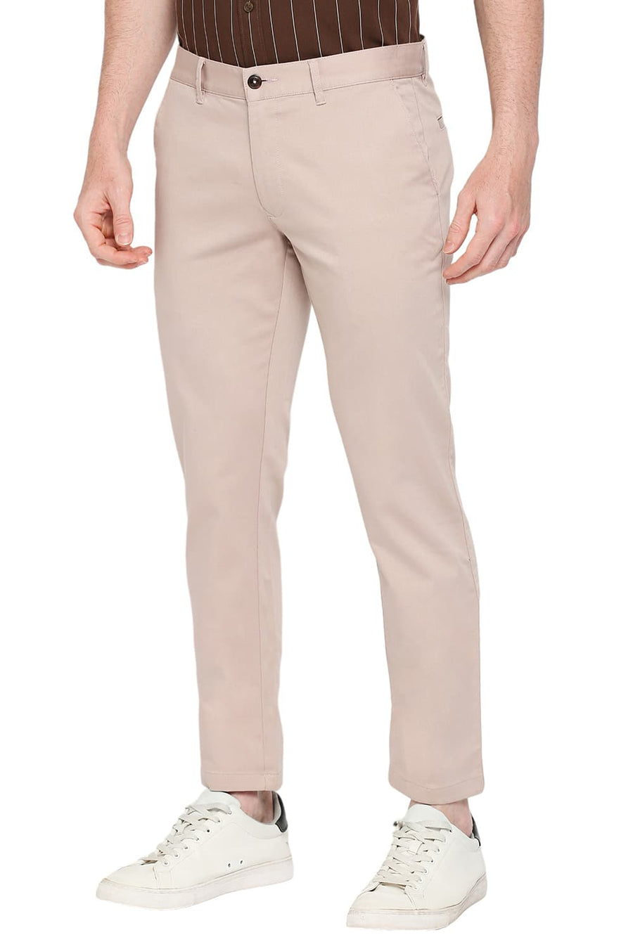 BASICS TAPERED FIT CAMEO PINK COTTON STRETCH DOBBY TROUSERS