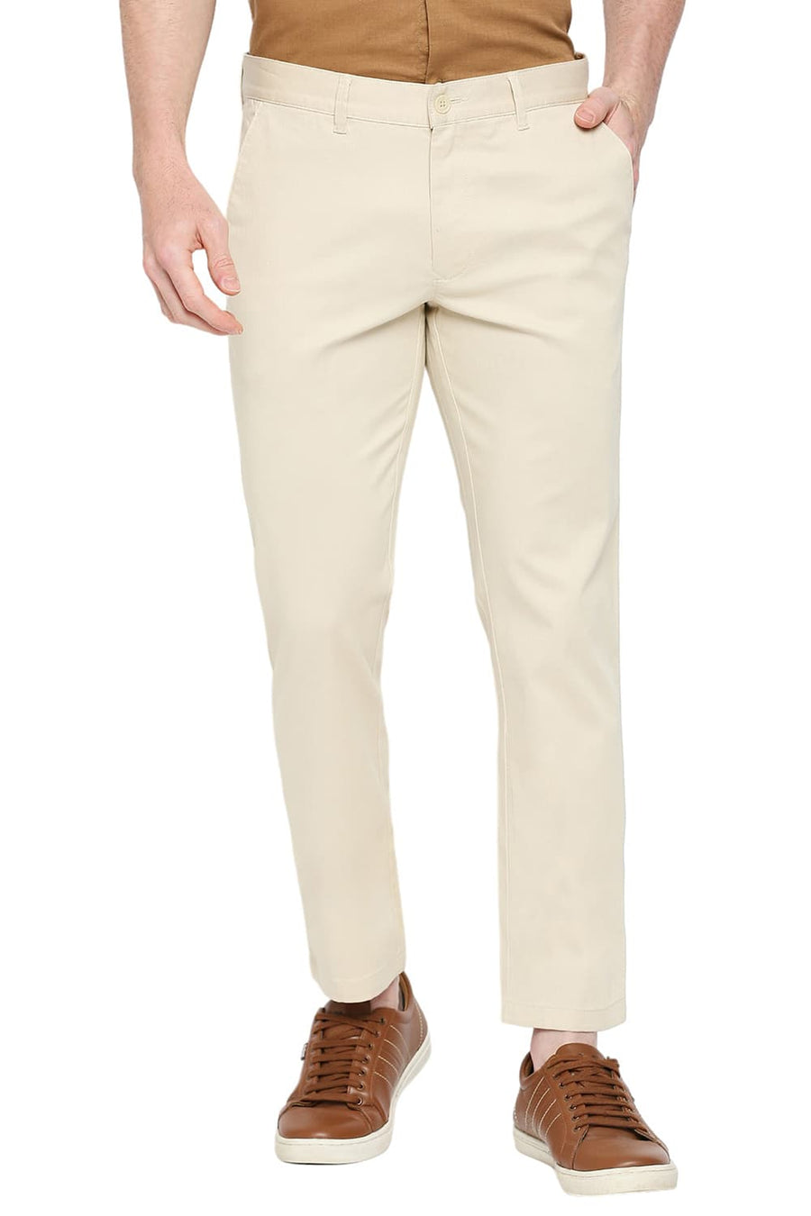 BASICS TAPERED FIT PISTACHIO STONE COTTON STRETCH DOBBY TROUSERS