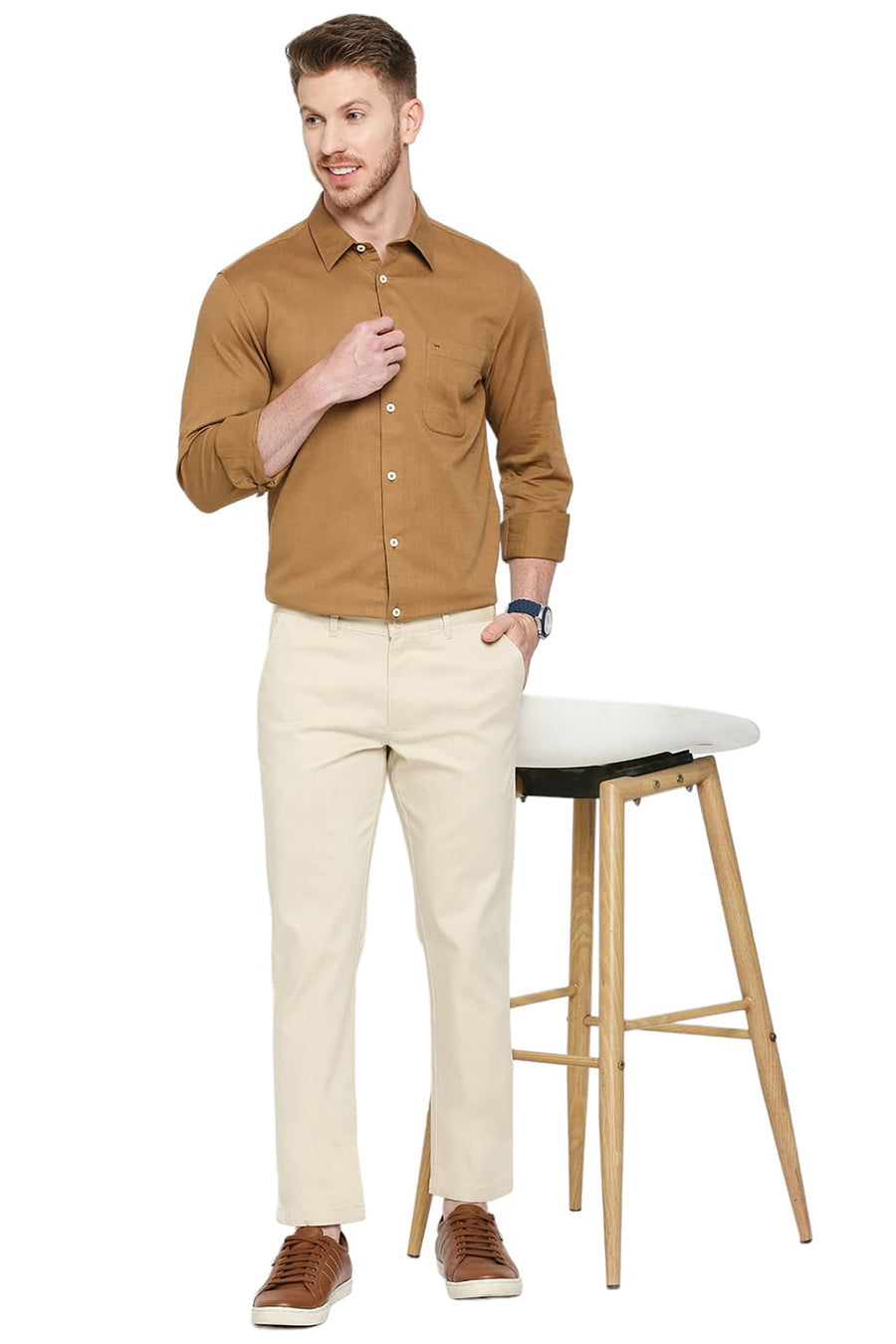 BASICS TAPERED FIT PISTACHIO STONE COTTON STRETCH DOBBY TROUSERS