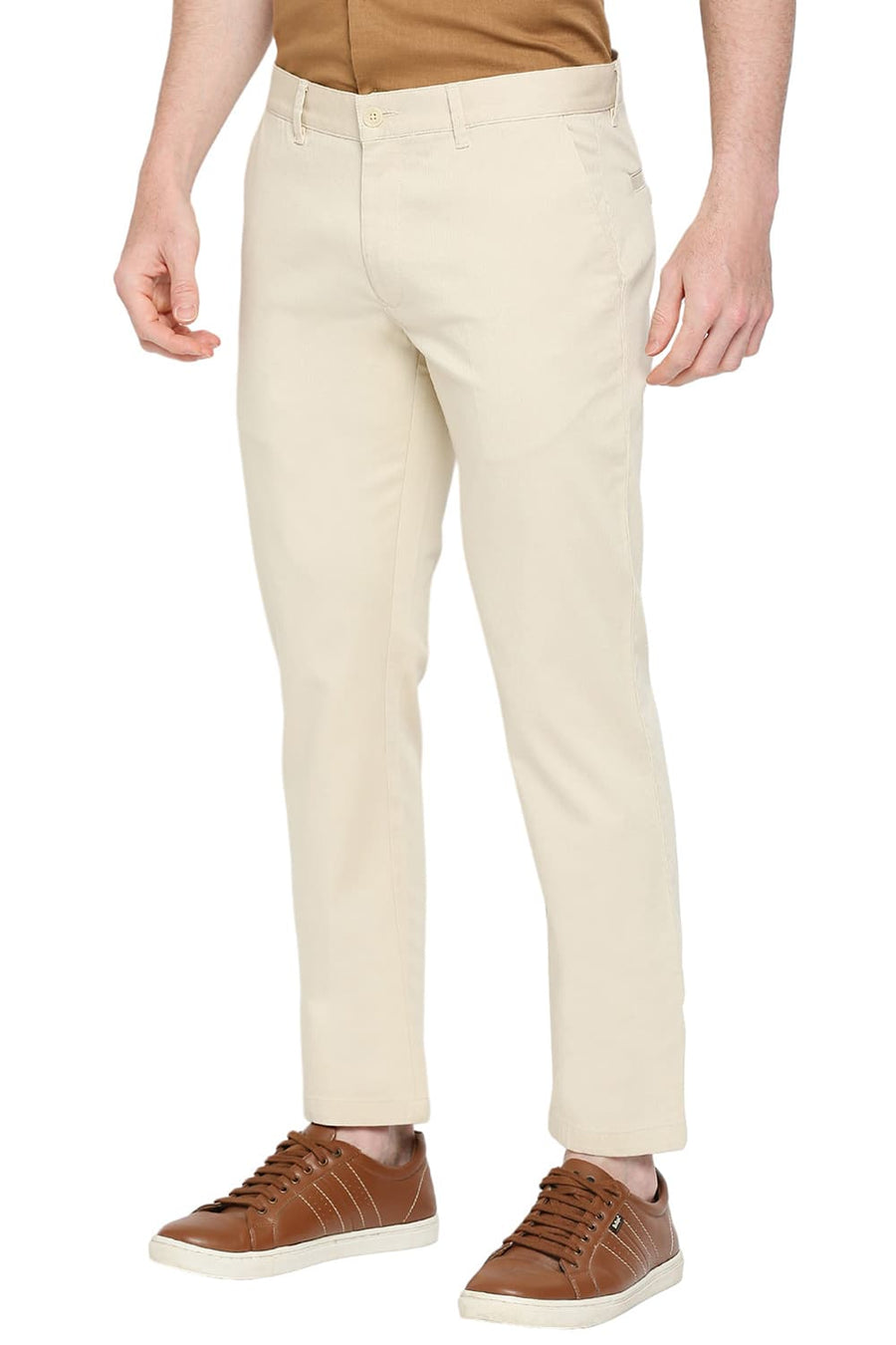 BASICS TAPERED FIT PISTACHIO STONE COTTON STRETCH DOBBY TROUSERS