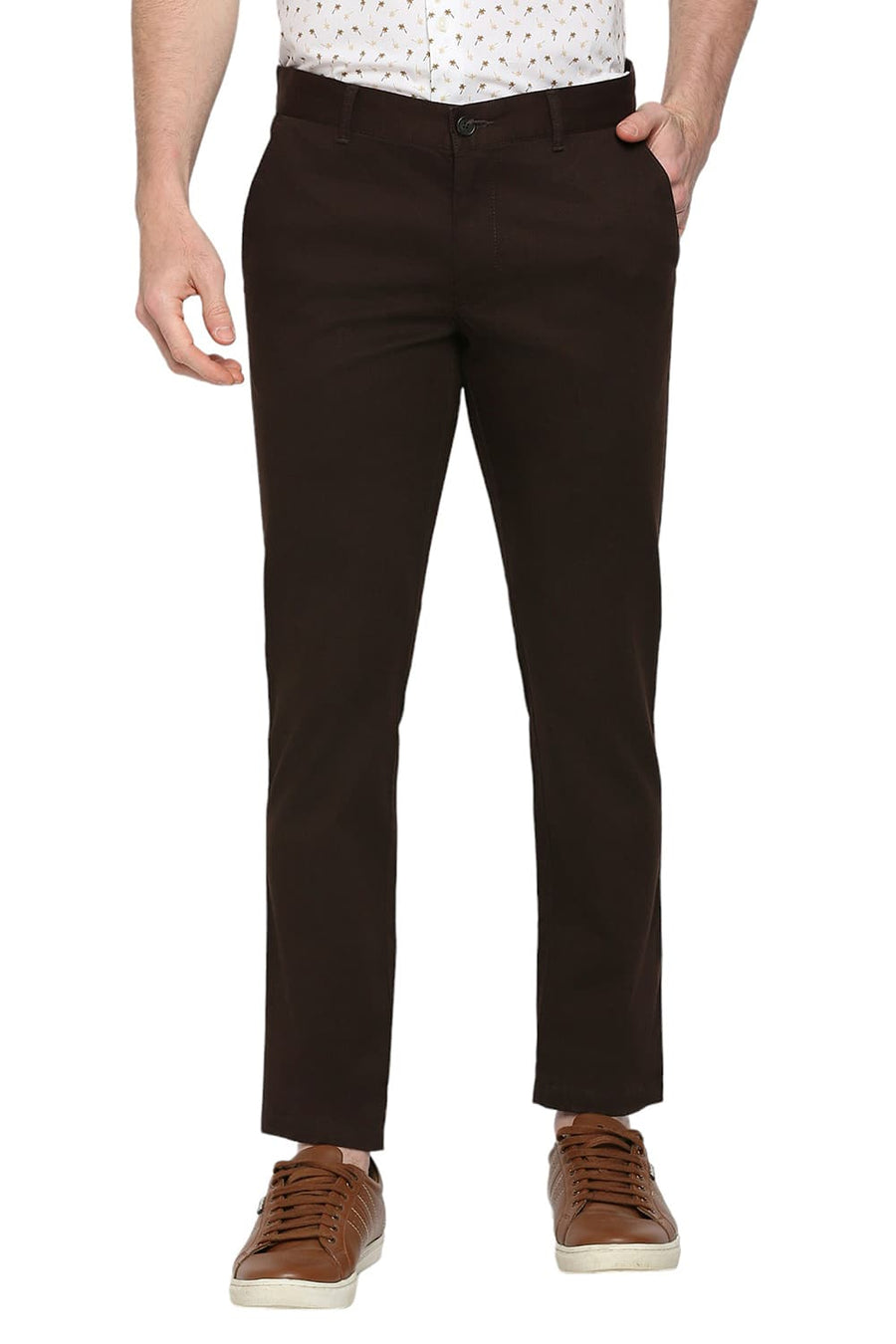 BASICS TAPERED FIT AFTER DARK BROWN COTTON STRETCH DOBBY TROUSERS