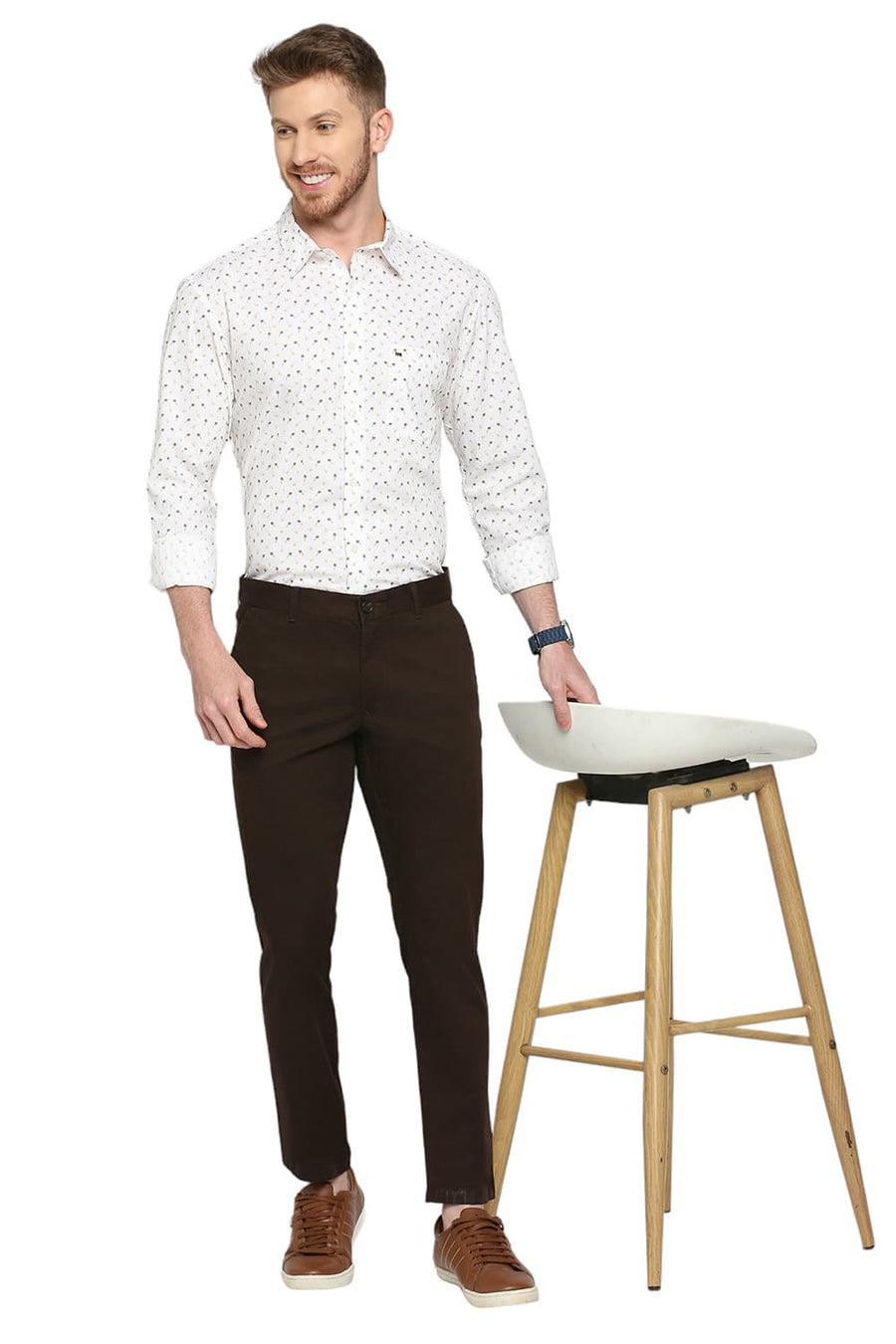 BASICS TAPERED FIT AFTER DARK BROWN COTTON STRETCH DOBBY TROUSERS