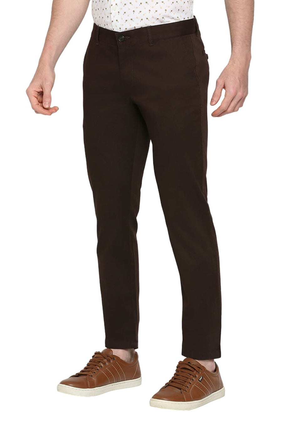 BASICS TAPERED FIT AFTER DARK BROWN COTTON STRETCH DOBBY TROUSERS
