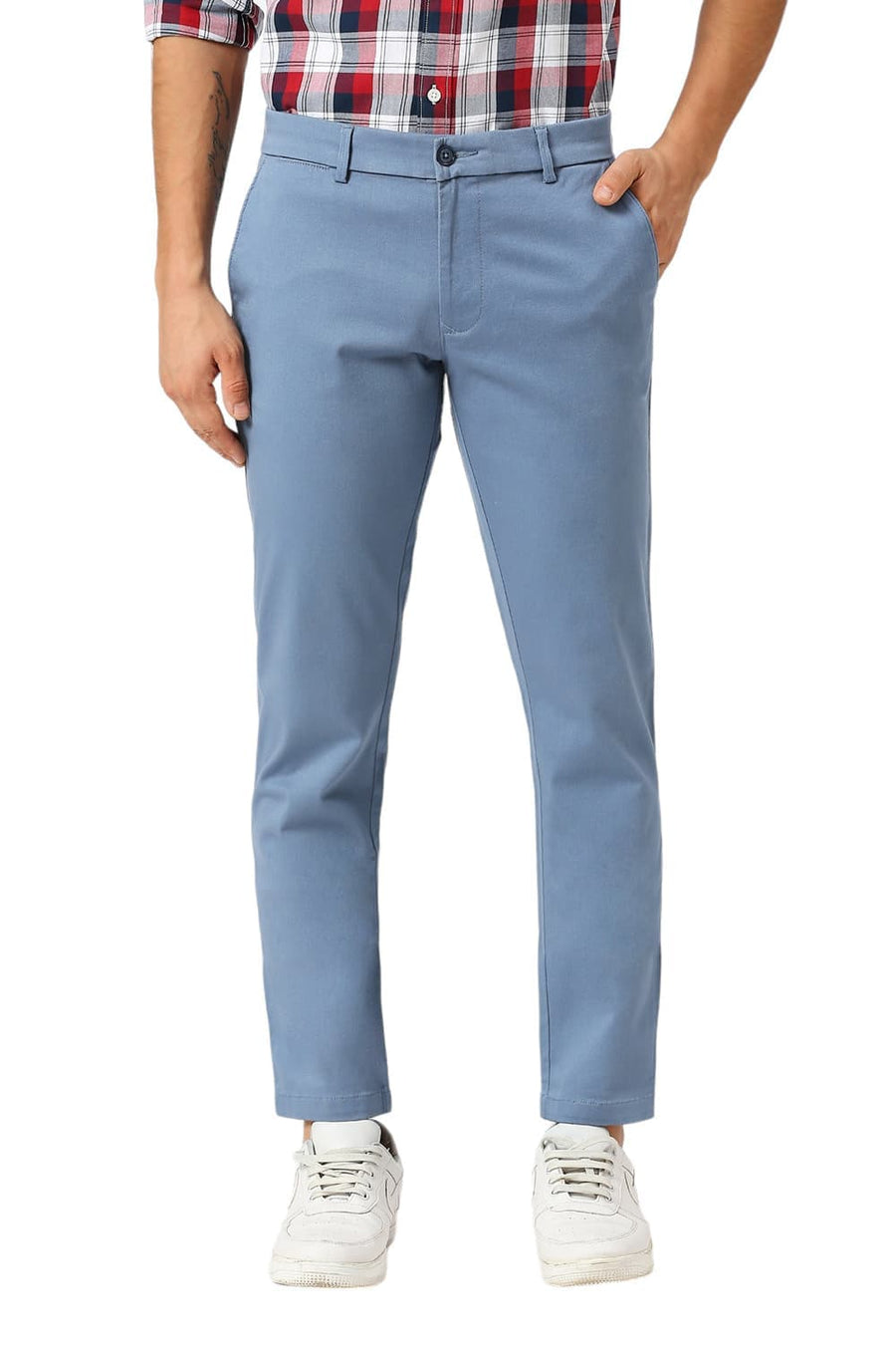 BASICS TAPERED FIT CHINA BLUE COTTON STRETCH DOBBY TROUSERS