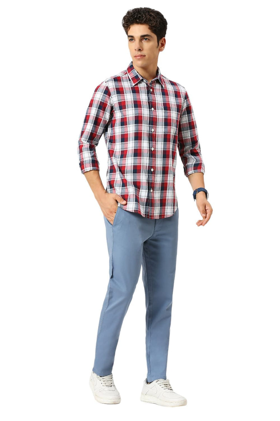BASICS TAPERED FIT CHINA BLUE COTTON STRETCH DOBBY TROUSERS