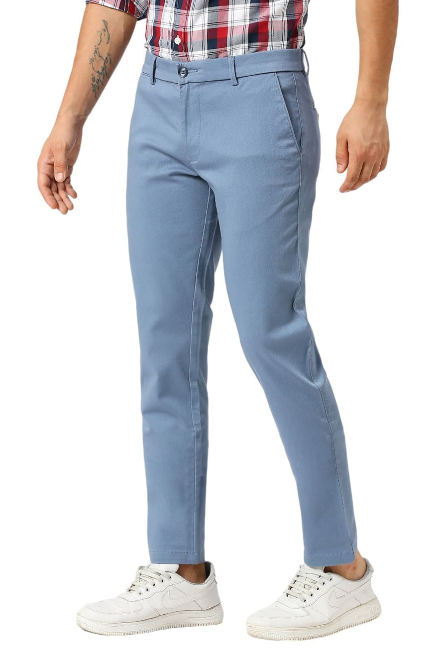 BASICS TAPERED FIT CHINA BLUE COTTON STRETCH DOBBY TROUSERS