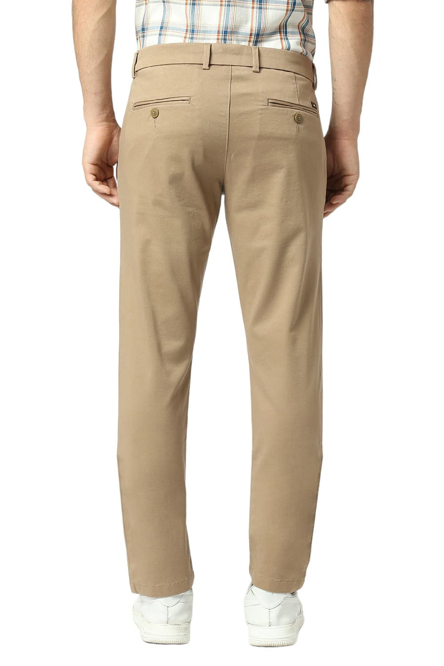 BASICS TAPERED FIT SEPIA BROWN COTTON STRETCH DOBBY TROUSERS