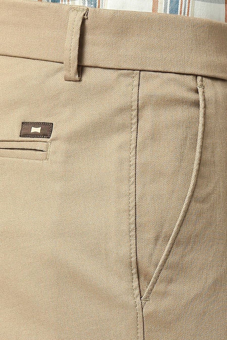 BASICS TAPERED FIT SEPIA BROWN COTTON STRETCH DOBBY TROUSERS