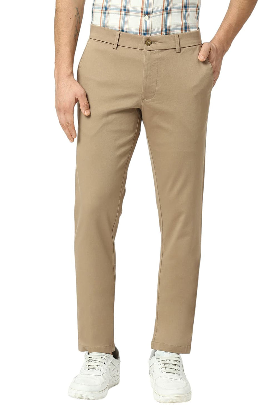BASICS TAPERED FIT SEPIA BROWN COTTON STRETCH DOBBY TROUSERS