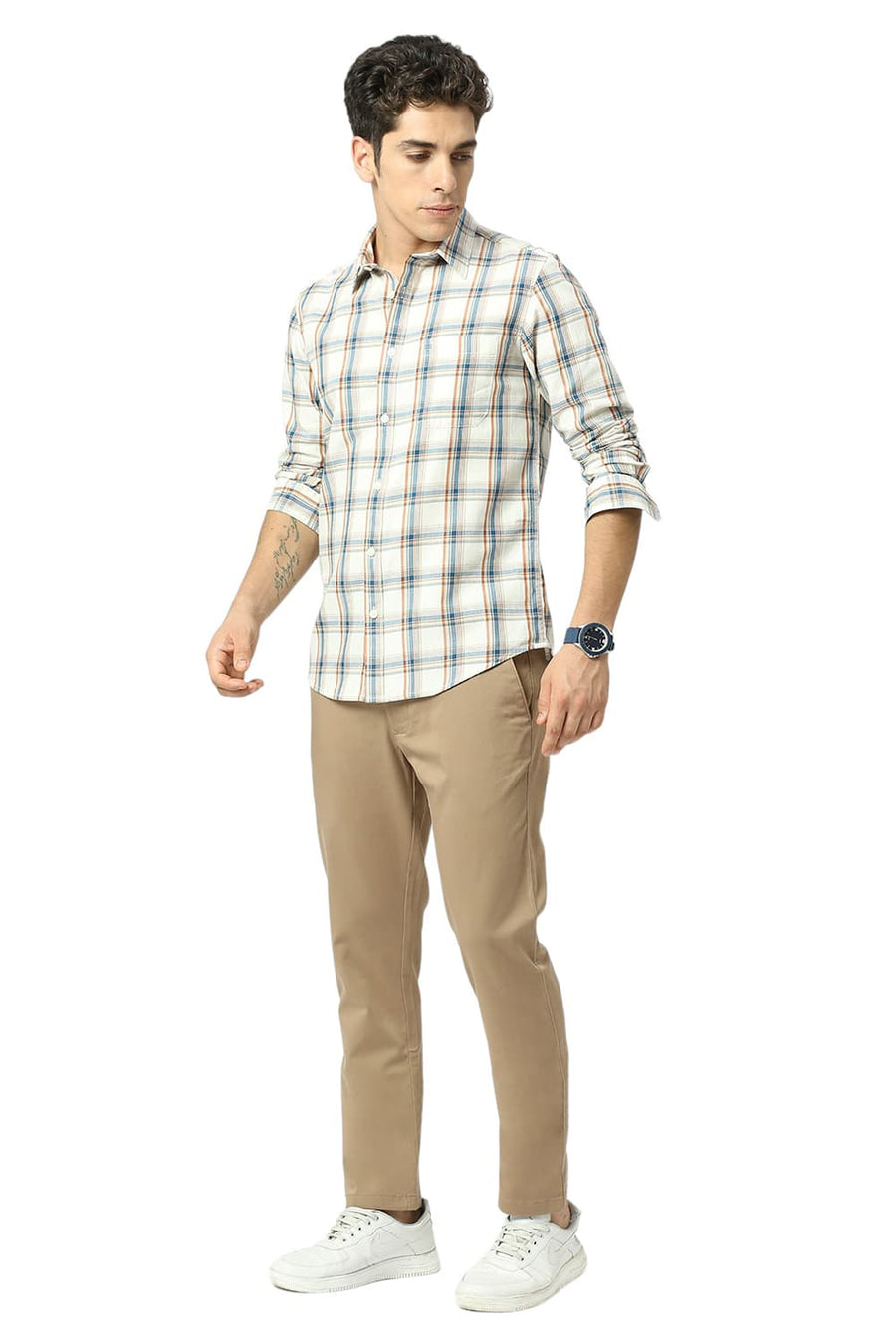BASICS TAPERED FIT SEPIA BROWN COTTON STRETCH DOBBY TROUSERS