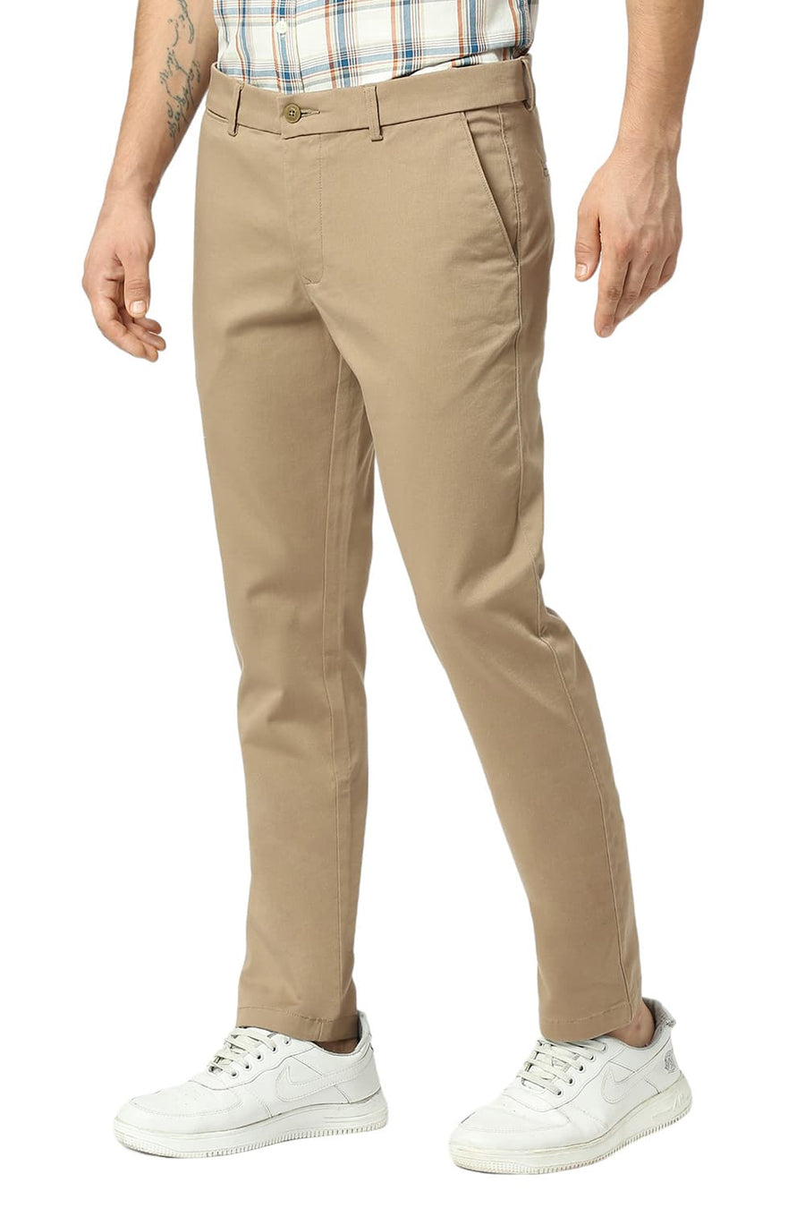 BASICS TAPERED FIT SEPIA BROWN COTTON STRETCH DOBBY TROUSERS