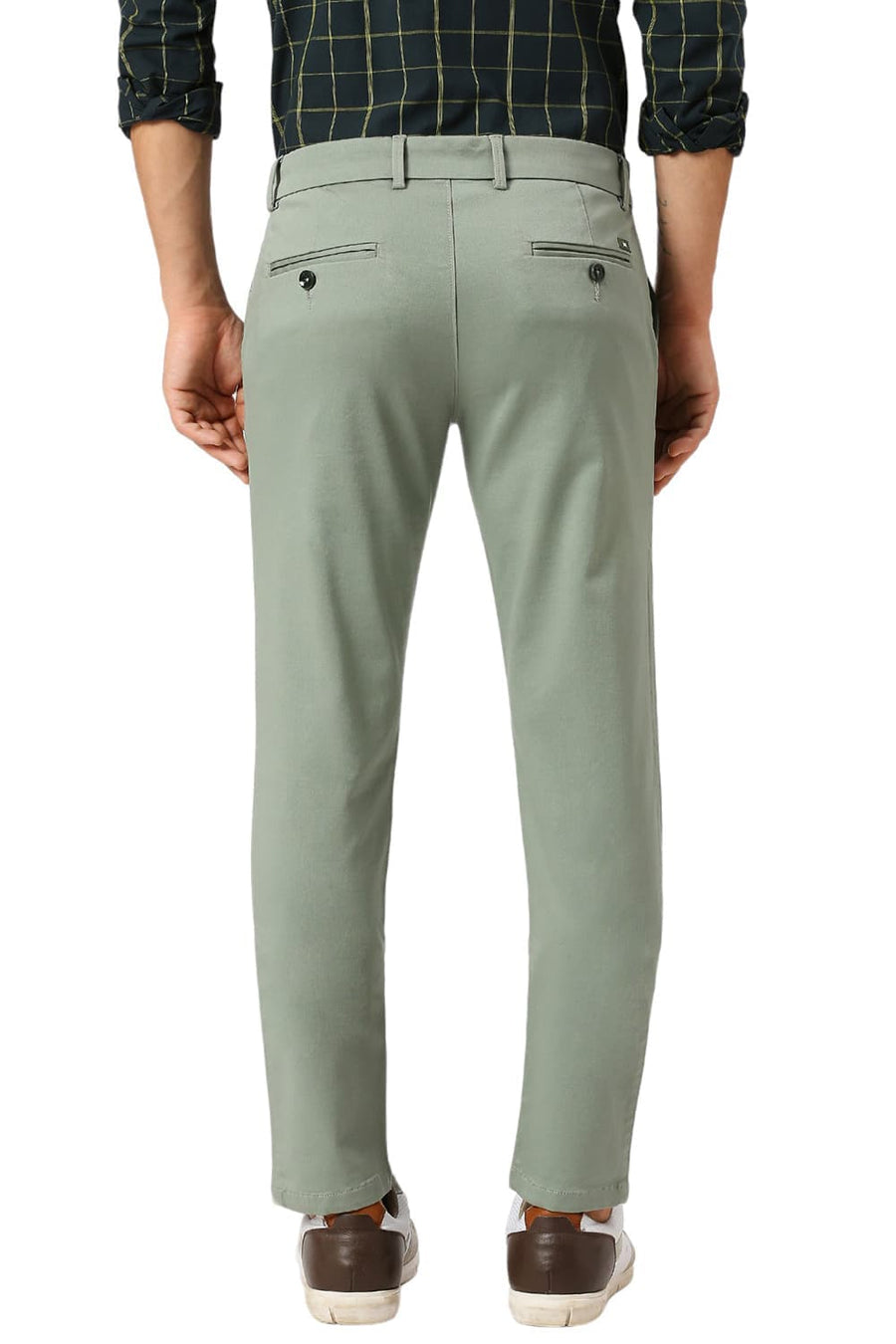 BASICS TAPERED FIT SEA GREEN COTTON STRETCH DOBBY TROUSERS