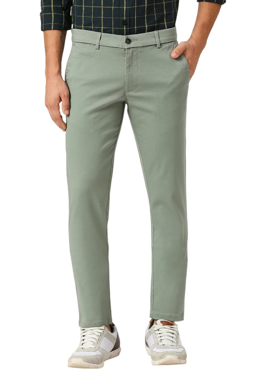 BASICS TAPERED FIT SEA GREEN COTTON STRETCH DOBBY TROUSERS